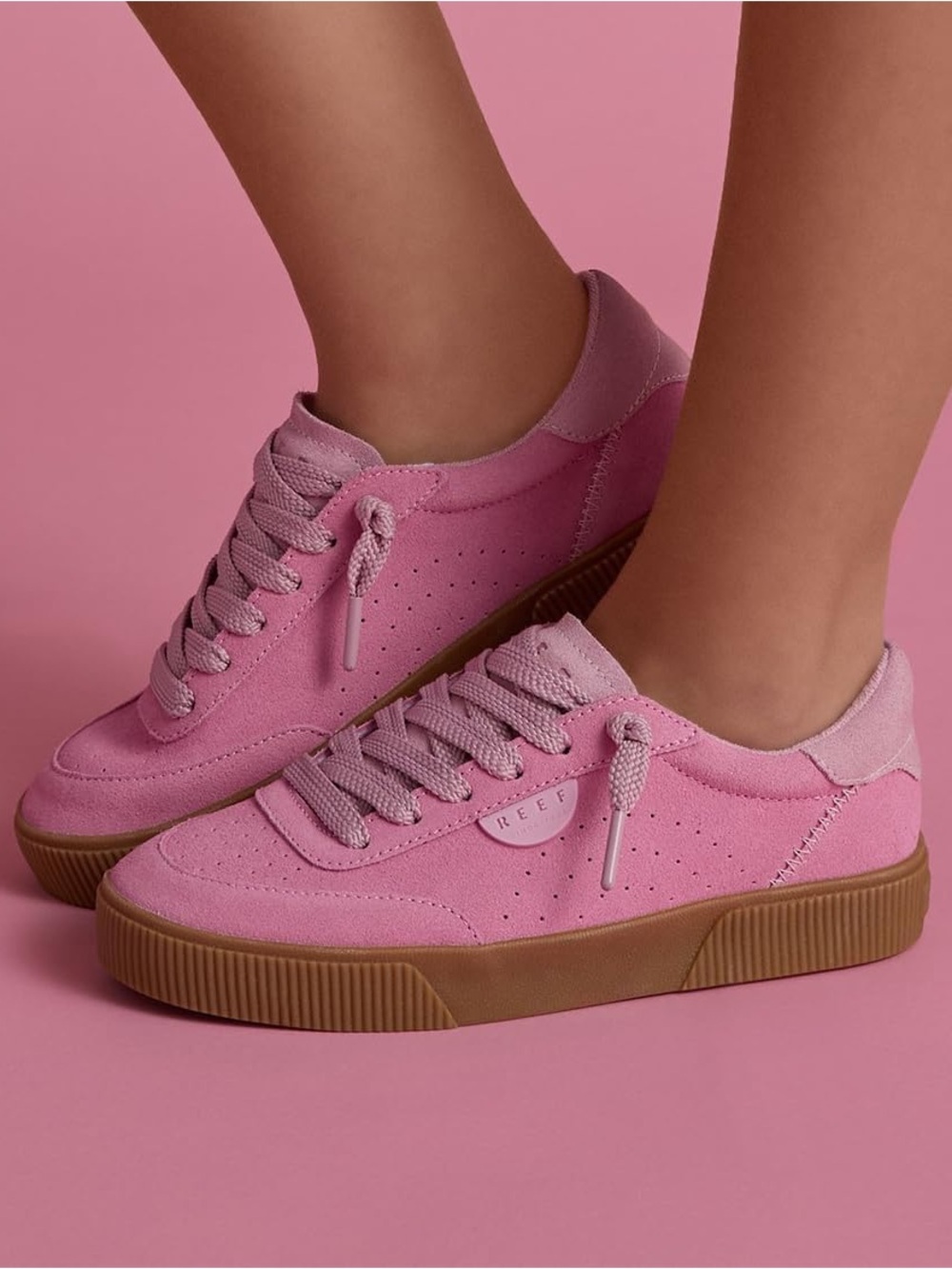 REEF Women's Pink Suede Lay Day Seas Lace Up Sneakers Shoes